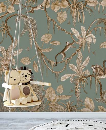 Grünes individuelles Dschungel-Wandbild namens Playful Monkeys - Vintage Green von Kikki Belle für Spielzimmer