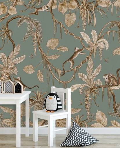 grønt tilpasset jungel veggmaleri kalt Playful Monkeys - Vintage Green av Kikki Belle for lekerom