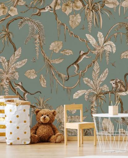Grünes individuelles Dschungel-Wandbild namens Playful Monkeys - Vintage Green von Kikki Belle für Spielzimmer