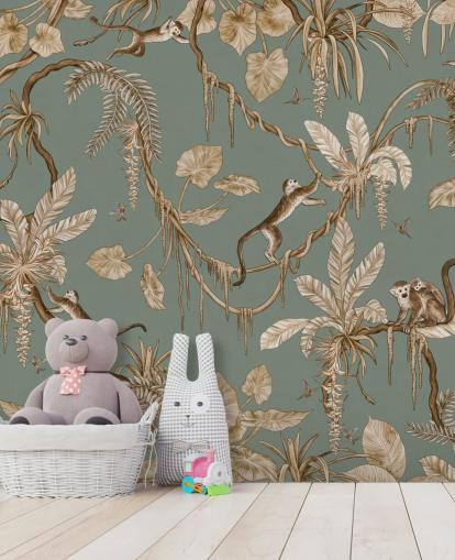 groene op maat gemaakte junglemuurschildering genaamd Playful Monkeys - Vintage Green van Kikki Belle voor speelkamers groene op maat gemaakte junglemuurschildering genaamd Playful Monkeys - Vintage Green van Kikki Belle voor speelkamers