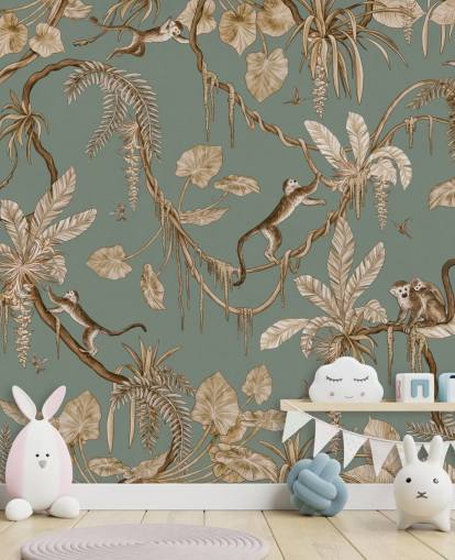 groene op maat gemaakte junglemuurschildering genaamd Playful Monkeys - Vintage Green van Kikki Belle voor speelkamers
