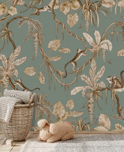 Grünes individuelles Dschungel-Wandbild namens Playful Monkeys - Vintage Green von Kikki Belle für Spielzimmer