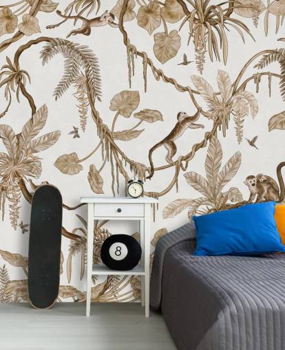 vit anpassningsbar plantskola väggmålning som heter Playful Monkeys - Vintage White av Kikki Belle för plantskolor