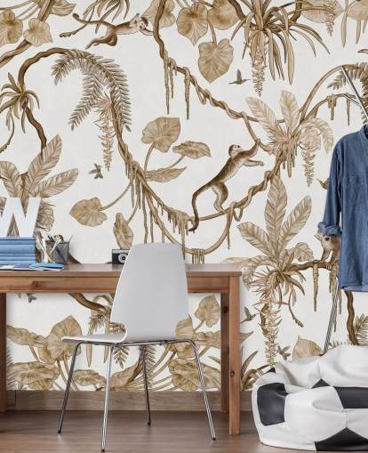 witte aanpasbare muurschildering voor de kinderkamer genaamd Playful Monkeys - Vintage White van Kikki Belle voor kinderdagverblijven