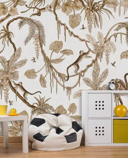 white customisable nursery wall mural called Playful Monkeys - Vintage White by Kikki Belle for nurseries