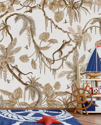witte aanpasbare muurschildering voor de kinderkamer genaamd Playful Monkeys - Vintage White van Kikki Belle voor kinderdagverblijven witte aanpasbare muurschildering voor de kinderkamer genaamd Playful Monkeys - Vintage White van Kikki Belle voor kinderdagverblijven