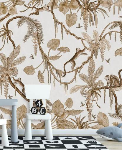 witte aanpasbare muurschildering voor de kinderkamer genaamd Playful Monkeys - Vintage White van Kikki Belle voor kinderdagverblijven witte aanpasbare muurschildering voor de kinderkamer genaamd Playful Monkeys - Vintage White van Kikki Belle voor kinderdagverblijven