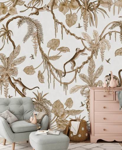 hvidt tilpasseligt børnehavevægmaleri kaldet Playful Monkeys - Vintage White af Kikki Belle til planteskoler