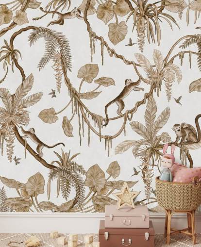 mural de parede de berçário branco personalizável chamado Playful Monkeys - Vintage White de Kikki Belle para creches