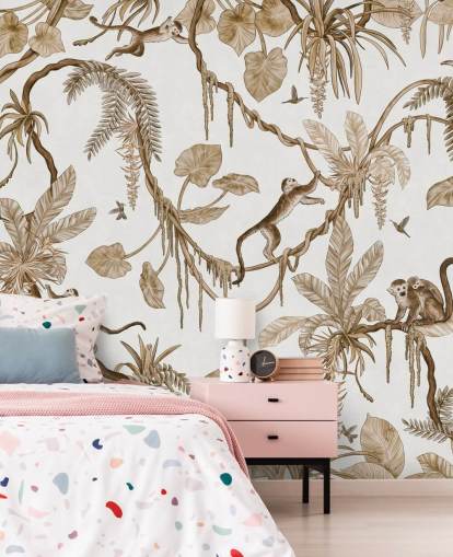 white customisable nursery wall mural called Playful Monkeys - Vintage White by Kikki Belle for nurseries