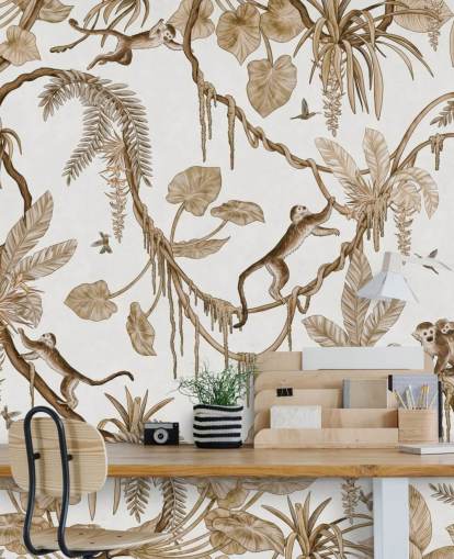 white customizable nursery wall mural called Playful Monkeys - Vintage White by Kikki Belle for nurseries white customizable nursery wall mural called Playful Monkeys - Vintage White by Kikki Belle for nurseries