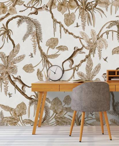 white customizable nursery wall mural called Playful Monkeys - Vintage White by Kikki Belle for nurseries