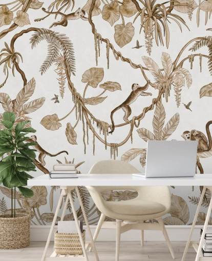 white customizable nursery wall mural called Playful Monkeys - Vintage White by Kikki Belle for nurseries