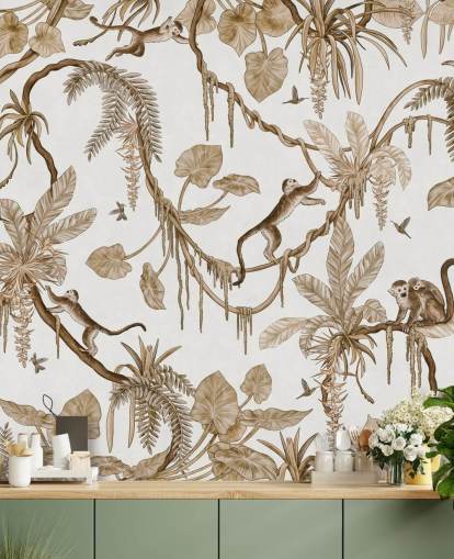 white customizable nursery wall mural called Playful Monkeys - Vintage White by Kikki Belle for nurseries