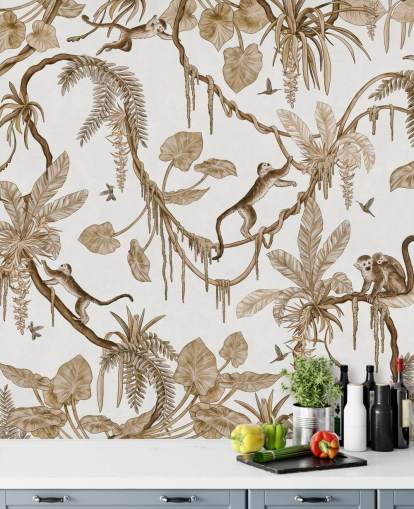 white customisable nursery wall mural called Playful Monkeys - Vintage White by Kikki Belle for nurseries