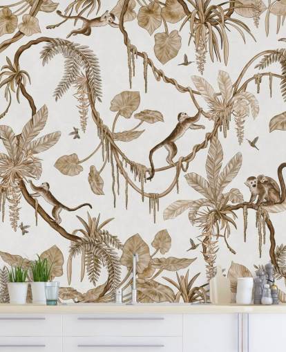 white customizable nursery wall mural called Playful Monkeys - Vintage White by Kikki Belle for nurseries white customizable nursery wall mural called Playful Monkeys - Vintage White by Kikki Belle for nurseries