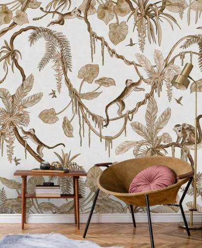 white customizable nursery wall mural called Playful Monkeys - Vintage White by Kikki Belle for nurseries