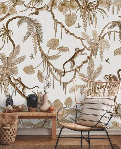 mural de pared blanco personalizable llamado Playful Monkeys - Vintage White de Kikki Belle para guarderías