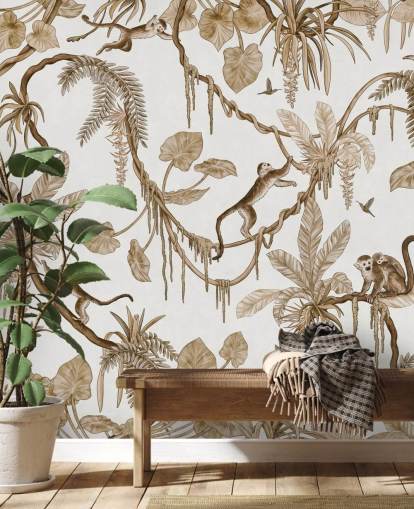 white customizable nursery wall mural called Playful Monkeys - Vintage White by Kikki Belle for nurseries