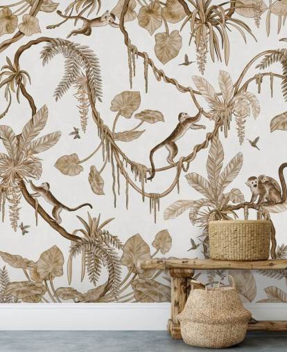 white customizable nursery wall mural called Playful Monkeys - Vintage White by Kikki Belle for nurseries