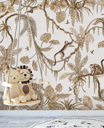 valkoinen muokattava lastentarhan seinämaalaus nimeltä Playful Monkeys - Vintage White by Kikki Belle lastentarhoille