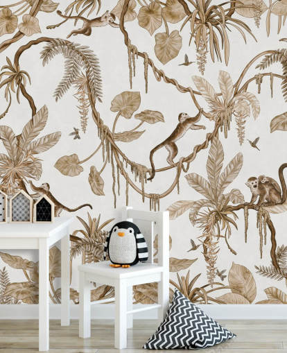hvitt tilpassbart barnehage veggmaleri kalt Playful Monkeys - Vintage White av Kikki Belle for barnehager