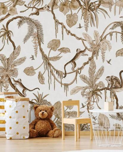 vit anpassningsbar plantskola väggmålning som heter Playful Monkeys - Vintage White av Kikki Belle för plantskolor