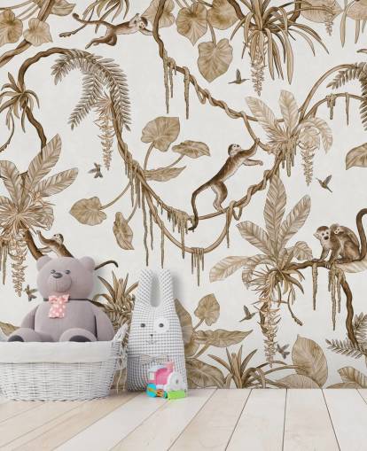 valkoinen muokattava lastentarhan seinämaalaus nimeltä Playful Monkeys - Vintage White by Kikki Belle lastentarhoille valkoinen muokattava lastentarhan seinämaalaus nimeltä Playful Monkeys - Vintage White by Kikki Belle lastentarhoille