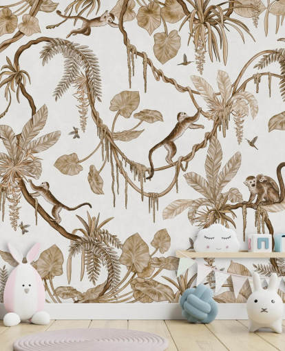 hvitt tilpassbart barnehage veggmaleri kalt Playful Monkeys - Vintage White av Kikki Belle for barnehager