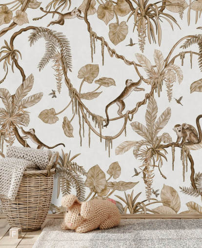 hvidt tilpasseligt børnehavevægmaleri kaldet Playful Monkeys - Vintage White af Kikki Belle til planteskoler