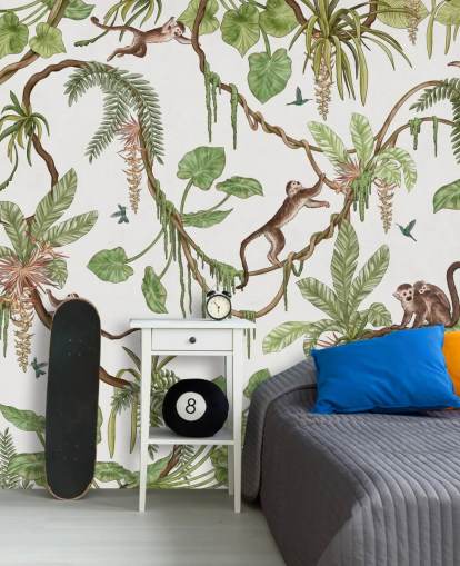 white customisable kids wall mural called Playful Monkeys - White by Kikki Belle for nurseries