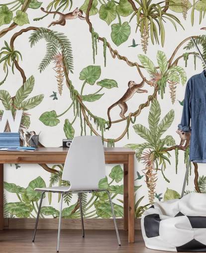 hvitt tilpassbart veggmaleri for barn kalt Playful Monkeys - White av Kikki Belle for barnehager