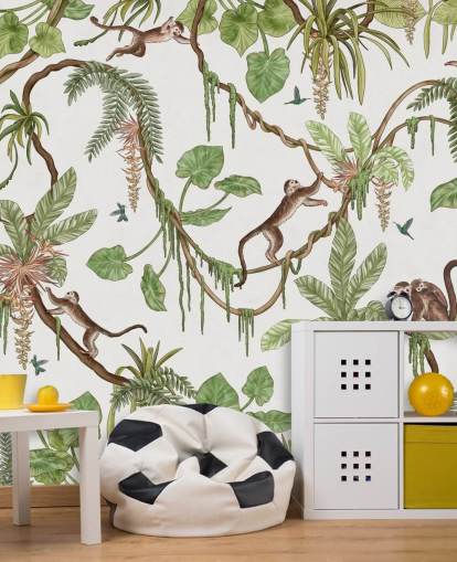 murale bianco personalizzabile per bambini chiamato Playful Monkeys - White di Kikki Belle per asili nido