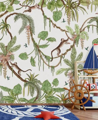 fresque murale blanche personnalisable pour enfants appelée Playful Monkeys - White de Kikki Belle pour les crèches fresque murale blanche personnalisable pour enfants appelée Playful Monkeys - White de Kikki Belle pour les crèches