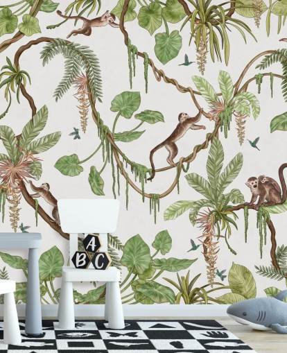 vit anpassningsbar barnväggmålning som heter Playful Monkeys - Vit av Kikki Belle för plantskolor