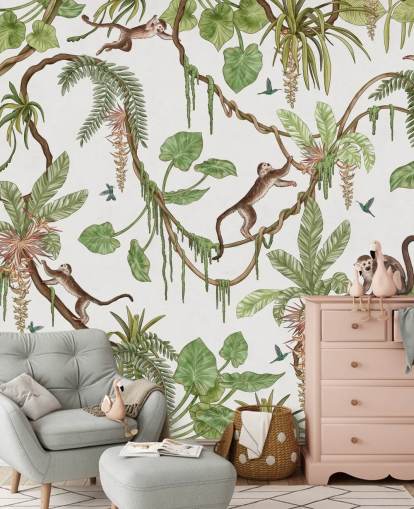 valkoinen muokattava lasten seinämaalaus nimeltä Playful Monkeys - White by Kikki Belle lastentarhoille