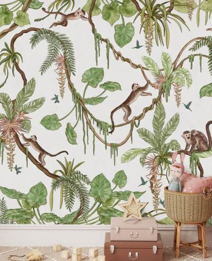 white customisable kids wall mural called Playful Monkeys - White by Kikki Belle for nurseries