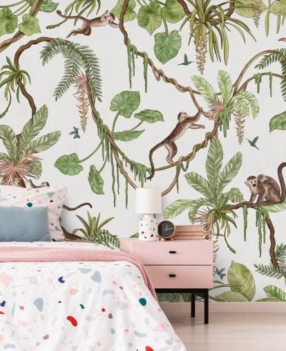 mural de pared infantil personalizable en blanco llamado Playful Monkeys - White de Kikki Belle para guarderías