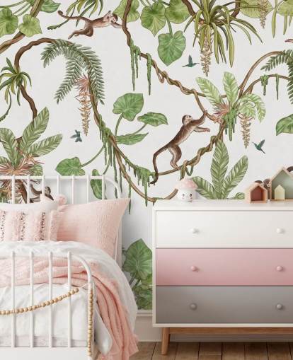 fresque murale blanche personnalisable pour enfants appelée Playful Monkeys - White de Kikki Belle pour les crèches