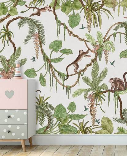 white customisable kids wall mural called Playful Monkeys - White by Kikki Belle for nurseries