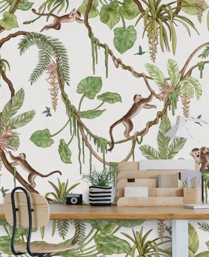 white customizable kids wall mural called Playful Monkeys - White by Kikki Belle for nurseries