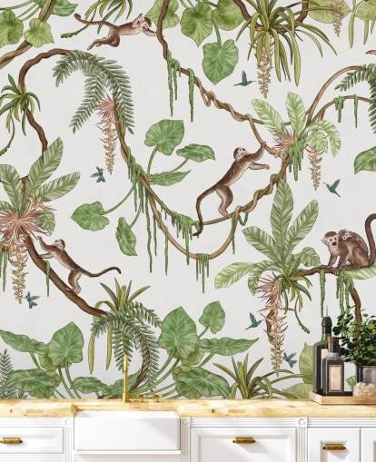 white customizable kids wall mural called Playful Monkeys - White by Kikki Belle for nurseries white customizable kids wall mural called Playful Monkeys - White by Kikki Belle for nurseries