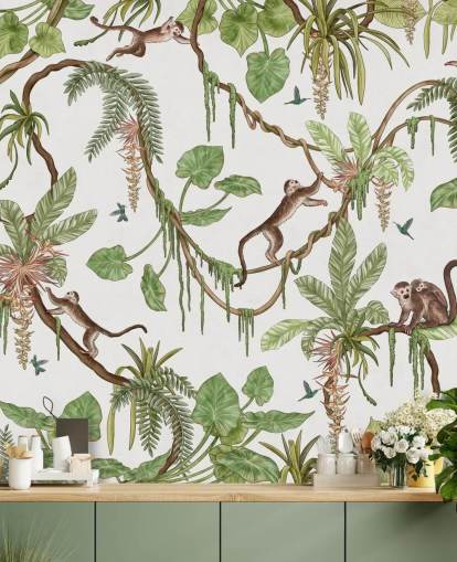 white customizable kids wall mural called Playful Monkeys - White by Kikki Belle for nurseries