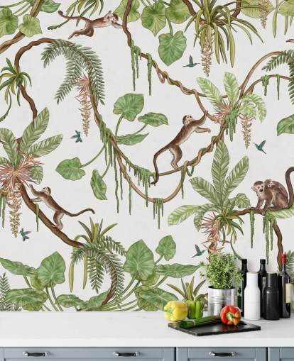 white customizable kids wall mural called Playful Monkeys - White by Kikki Belle for nurseries