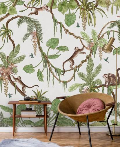 white customizable kids wall mural called Playful Monkeys - White by Kikki Belle for nurseries