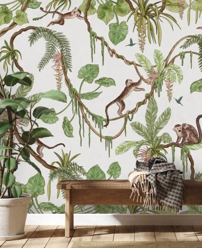 white customizable kids wall mural called Playful Monkeys - White by Kikki Belle for nurseries