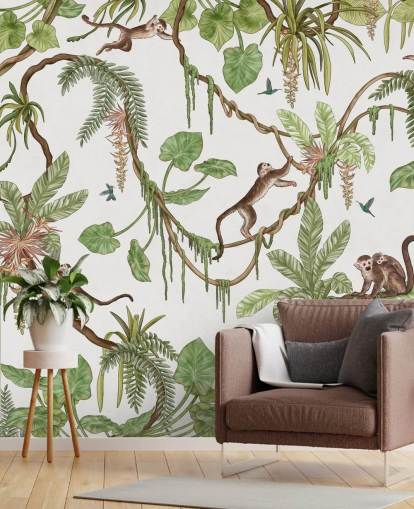 white customizable kids wall mural called Playful Monkeys - White by Kikki Belle for nurseries