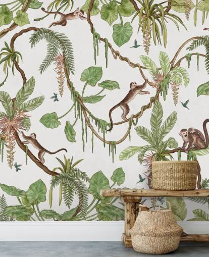 white customizable kids wall mural called Playful Monkeys - White by Kikki Belle for nurseries white customizable kids wall mural called Playful Monkeys - White by Kikki Belle for nurseries