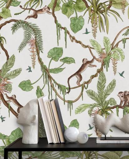 white customizable kids wall mural called Playful Monkeys - White by Kikki Belle for nurseries