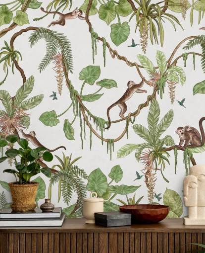 white customizable kids wall mural called Playful Monkeys - White by Kikki Belle for nurseries white customizable kids wall mural called Playful Monkeys - White by Kikki Belle for nurseries